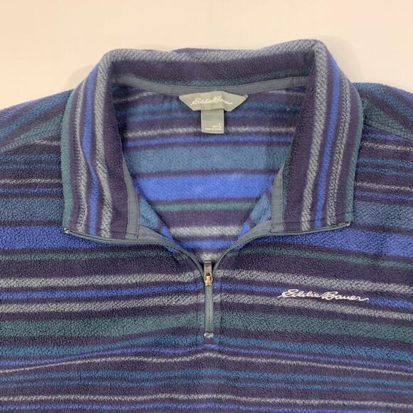 Eddie Bauer Fleece Mens L Large Blues Gray Striped 1/4 Zip Pullover Sweatshirt - Picture 4 of 12